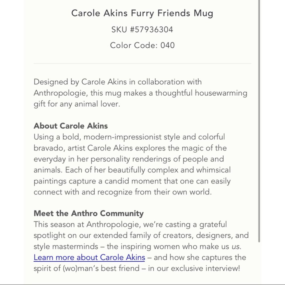 ANTHROPOLOGIE Carole Akins Boris Furry Friends Mug - Picture 3 of 7